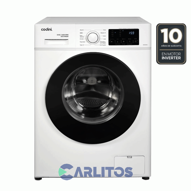 Lavarropa Carga Frontal Codini Inverter 8 Kg 1400 Rpm Aiafa8014b Blanco