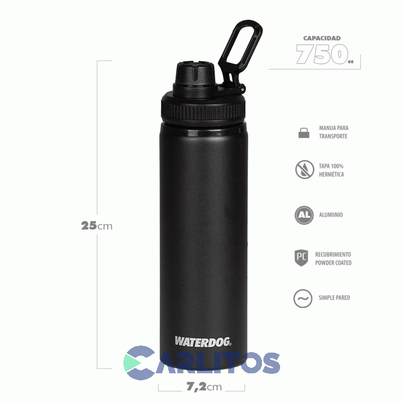 Botella De Aluminio Tapa A Rosca Waterdog Tongo750bk Negro