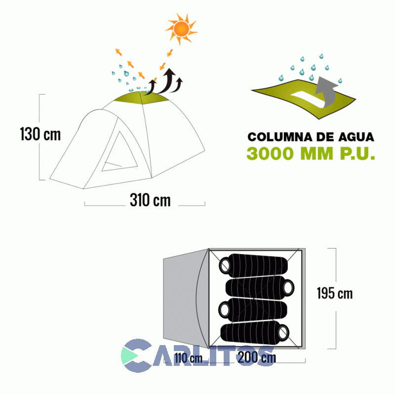 Carpa Iglu 4 Personas 1.95 X 3.10 X 1.30 Mts Waterdog Sahara IV