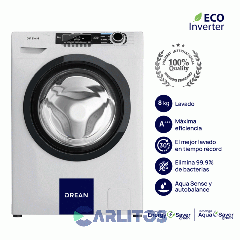 Lavarropa Carga Frontal Drean Inverter 8 KG - 1400 RPM Blanco Lcfdr0814sb0