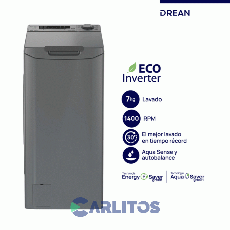 Lavarropa Carga Superior Drean Inverter 7 KG - 1400 RPM Gris Ltdri0714pg