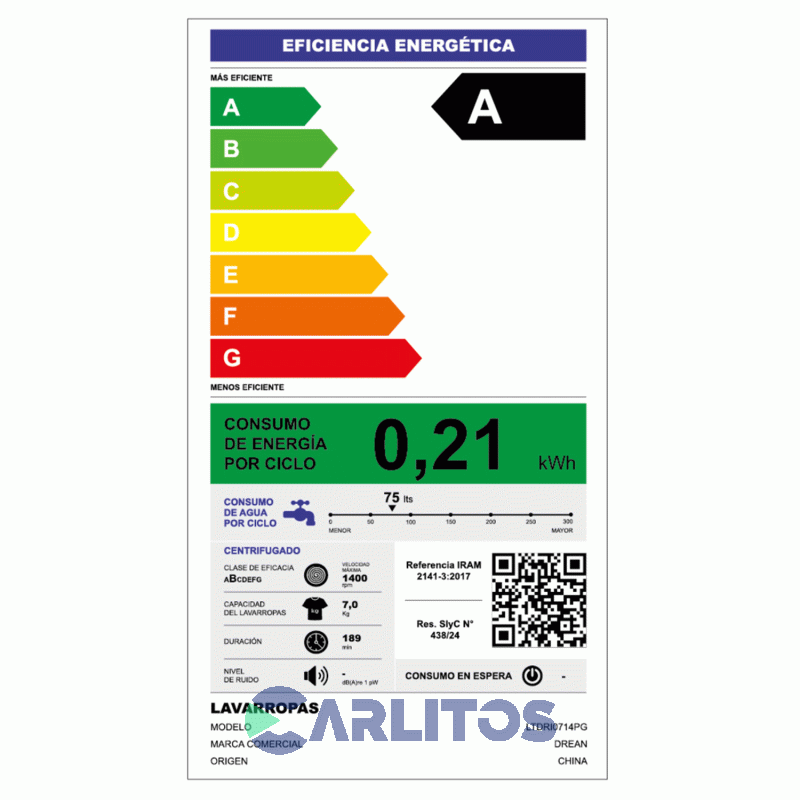 Lavarropa Carga Superior Drean Inverter 7 KG - 1400 RPM Gris Ltdri0714pg