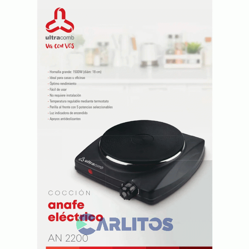 Anafe Portatil Electrico Ultracomb Negro 1500 Watts - 1 Hornalla  An-2200