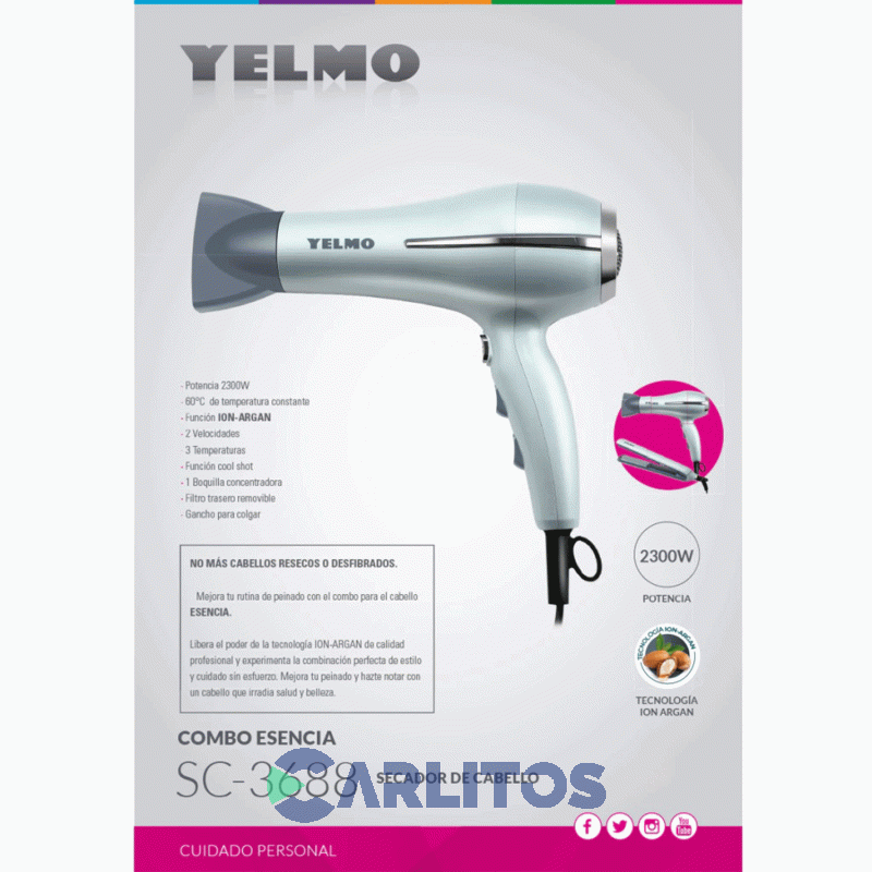 Secador De Pelo Yelmo 2300 Watts Sc3688 + Planchita De Pelo Yelmo Esencia Ap3388