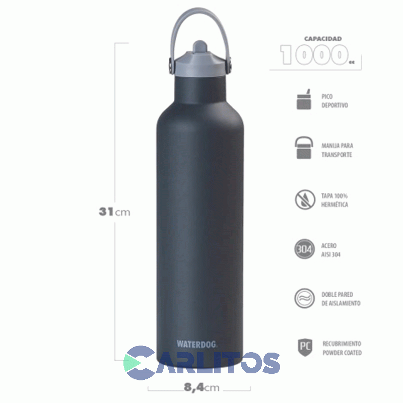 Botella De Acero Inoxidable Waterdog 1000 Cc Hydro1000dgf Gris