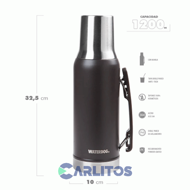 Termo De Mate Waterdog Con Tapa Multifunción Y Manija 1.2 Litros Ronda1200ch Chocolate