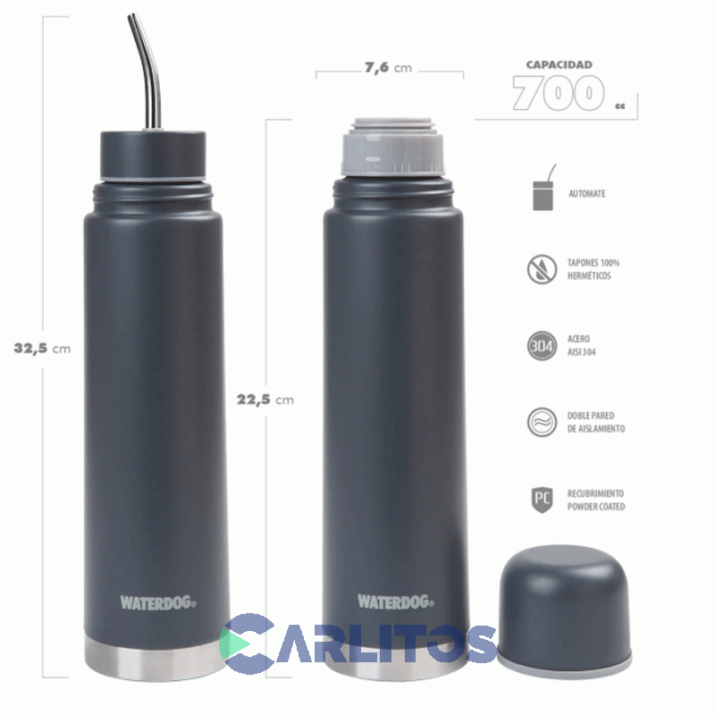 Termo Automate Waterdog 2 En 1 Acero Inoxidable 700 CC Gris Grafito Yunta700dgf