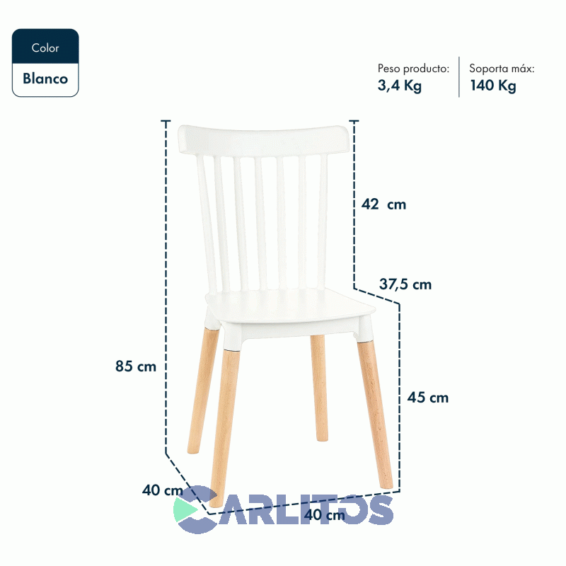 Combo X 4 Sillas Garden Life Windsor Pvc Blanca Patas De Madera F908000x4