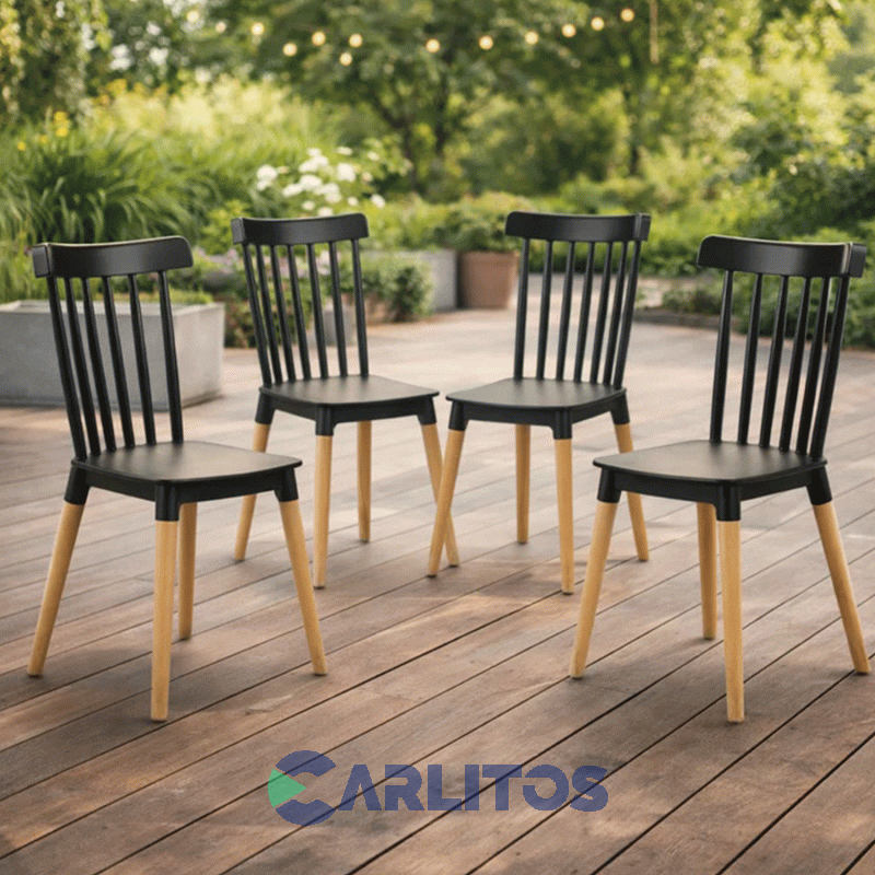 Combo X 4 Sillas Garden Life Windsor Pvc Negra Patas De Madera F908001x4
