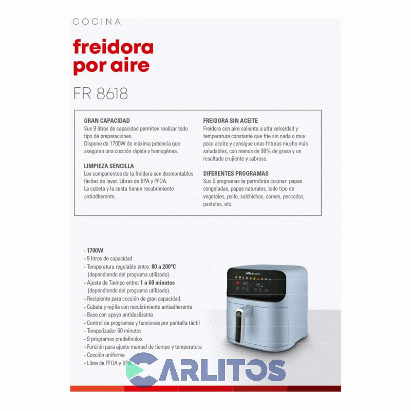 Freidora De Aire Ultracomb Fryer Celeste Fr8618