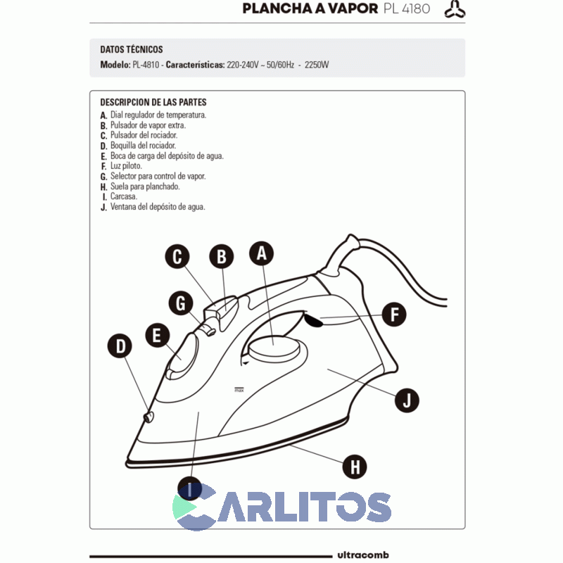 Plancha A Vapor Ultracomb 2250 Wts Suela Ceramica Pl4180