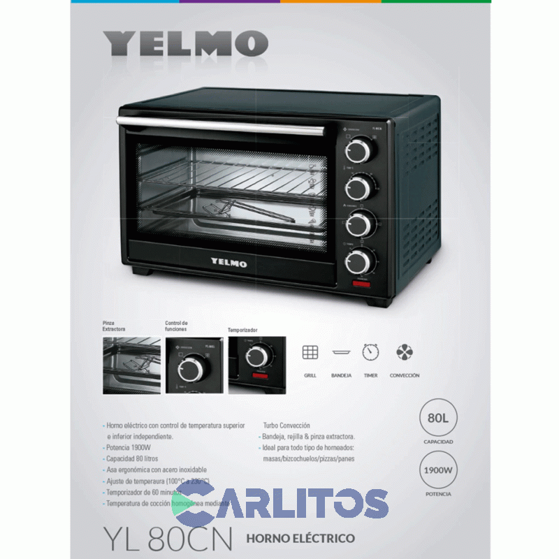 Horno Electrico Yelmo Grill Conveccion 80 Litros Yl80cn