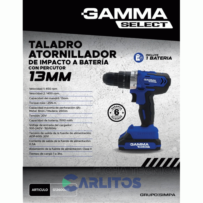 Taladro Atornillador Gamma 13 Mm Inalambrico 20 V G12600ar