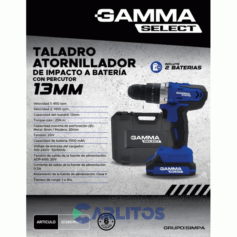 Taladro Atornillador Gamma 13 Mm Inalambrico 20 V En Kit G12601kar