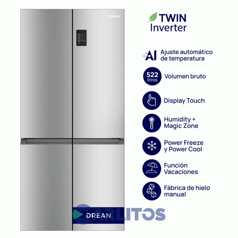 Heladera No Frost Multidoor Drean Inverter 520 Litros T-Door Dtp469lkrss0