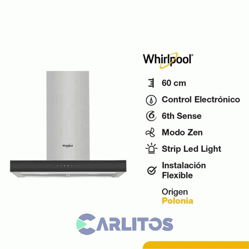 Campana Extractora Whirlpool Acero Inoxidable Frente Recto 60 Cm Tbox Whbs 62F Lt K/1