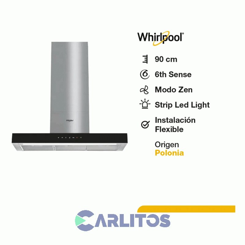 Campana Extractora Whirlpool Frente Recto Acero Inoxidable 90 Cm Tbox Whbs 92F Lt K/1