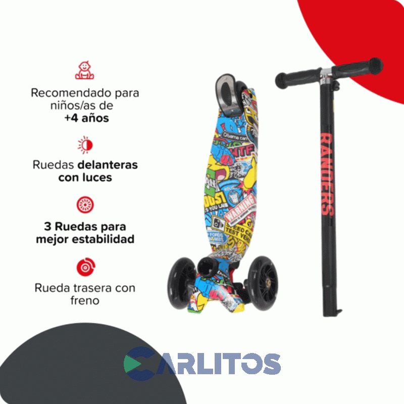 Monopatin Scooter Randers 3 Ruedas Con Luces Rod-8800-A Negro