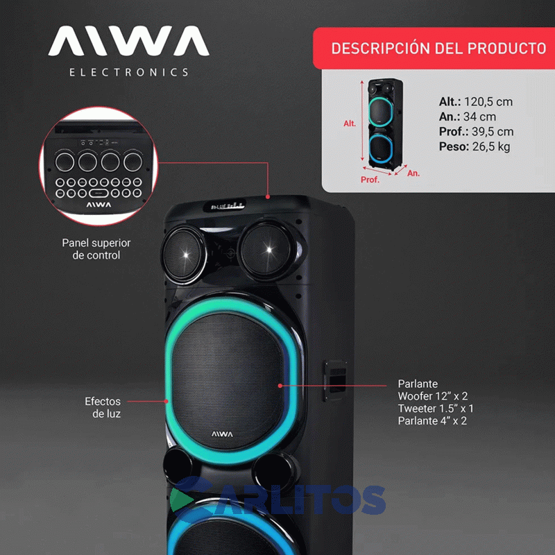 Parlante Torre Aiwa Con Bluetooth Y Bateria 18000 Watts Pmpo Aw-T512