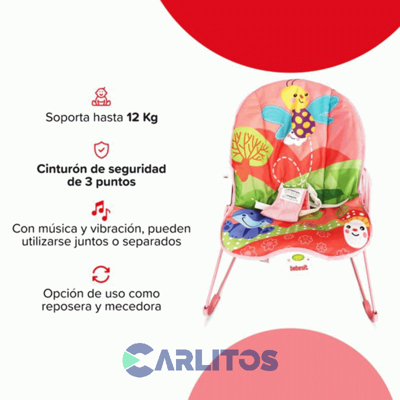 Mecedora Reposera Bebesit Dinosaurio Con Musica Y Vibracion 8203-C Rosa