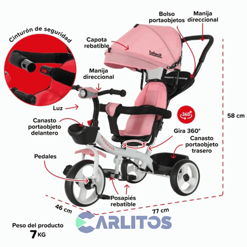 Triciclo Con Barral Y Capota-Asiento Giratorio 360° Rosa Claro Bebesit Sl-1870-V1P