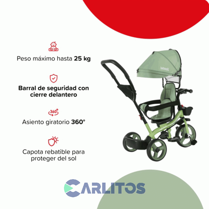 Triciclo Con Barral Y Capota-Asiento Giratorio 360° Verde Claro Bebesit Sl-1870-V1N