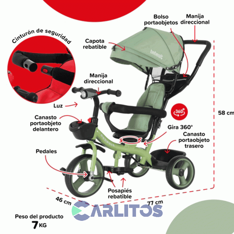 Triciclo Con Barral Y Capota-Asiento Giratorio 360° Verde Claro Bebesit Sl-1870-V1N