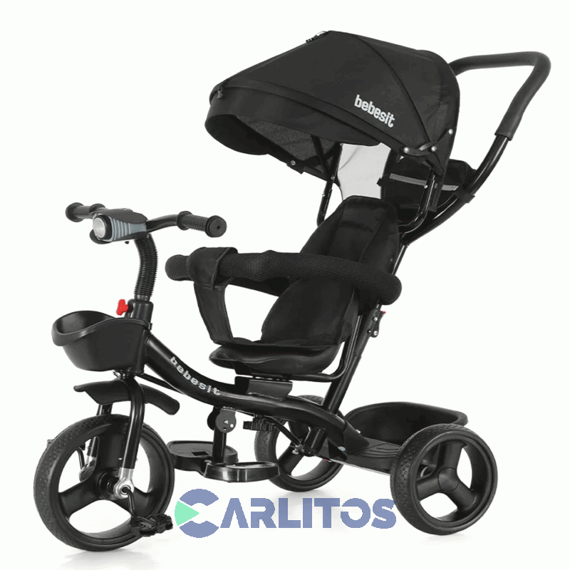 Triciclo Bebesit Con Barral Y Capota-Asiento Giratorio 360° Negro Sl-1870-V1O Joy Premium