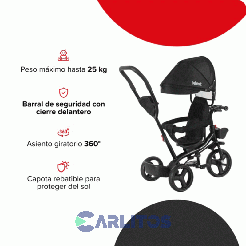 Triciclo Bebesit Con Barral Y Capota-Asiento Giratorio 360° Negro Sl-1870-V1O Joy Premium