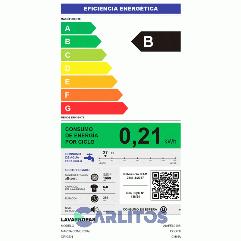 Lavarropa Carga Frontal Codini Inverter 6 KG - 1000 RPM Blanco Aiafe6010b