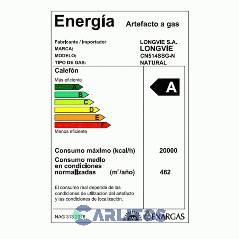 Calefon A Gas Longvie Sin Llama Piloto C/ Sensor Y Valvula 14 Lts Gn Cn514ssg-n Grafito