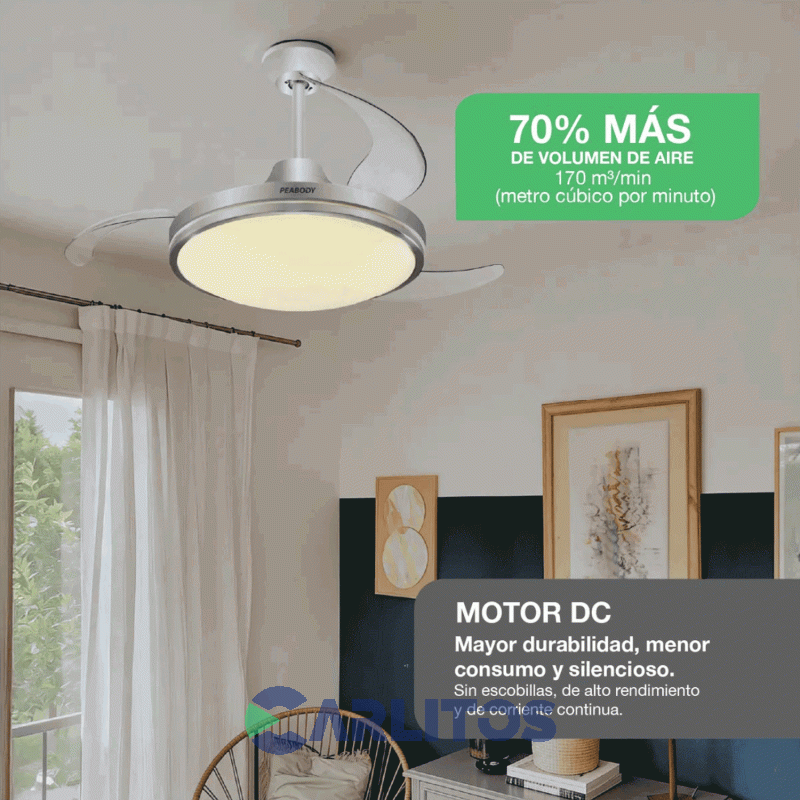 Ventilador De Techo Retractil Peabody Acero Palas  Acrilico Con Led Pe-Vtrdc425s