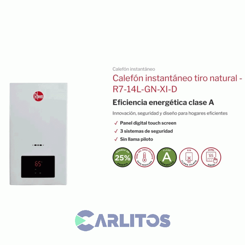 Calefon A Gas Rheem Sin Llama Piloto Con Sensor 14 Lts Gn R7-14l-Gn-Xi-D