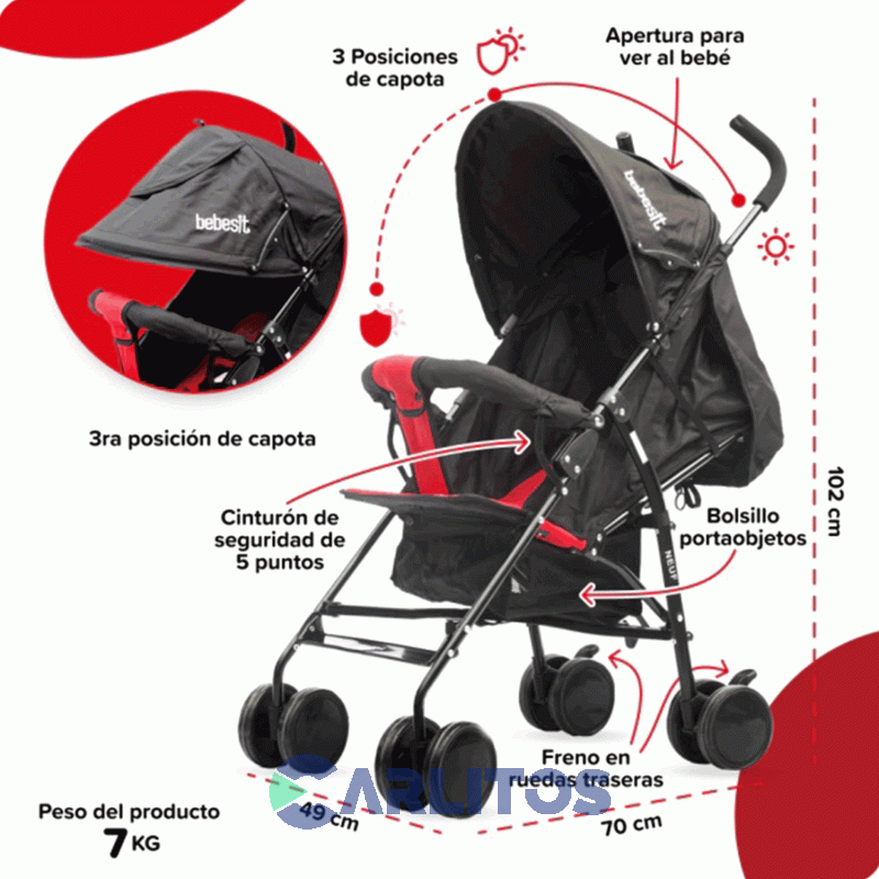 Coche De Paseo Bebesit Paraguas Neuf 1058-D Negro Con Rojo