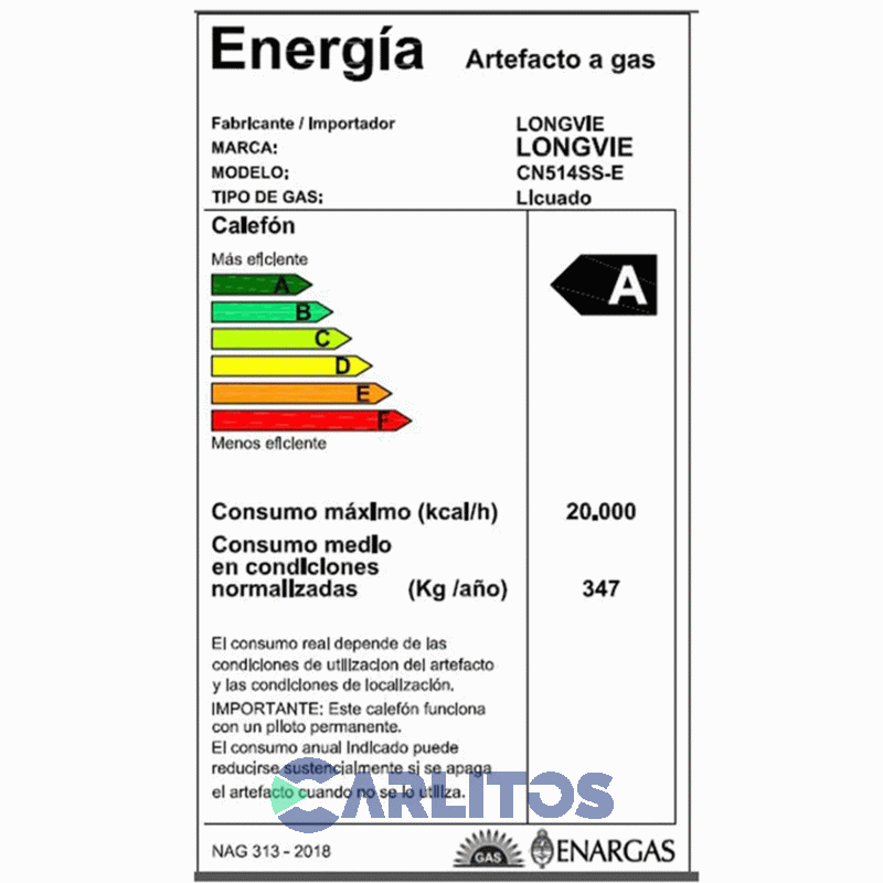Calefon  A Gas Longvie Sin Llama Piloto C/ Sensor Y Valvula 14 Lts GE Cn514ss- Blanco