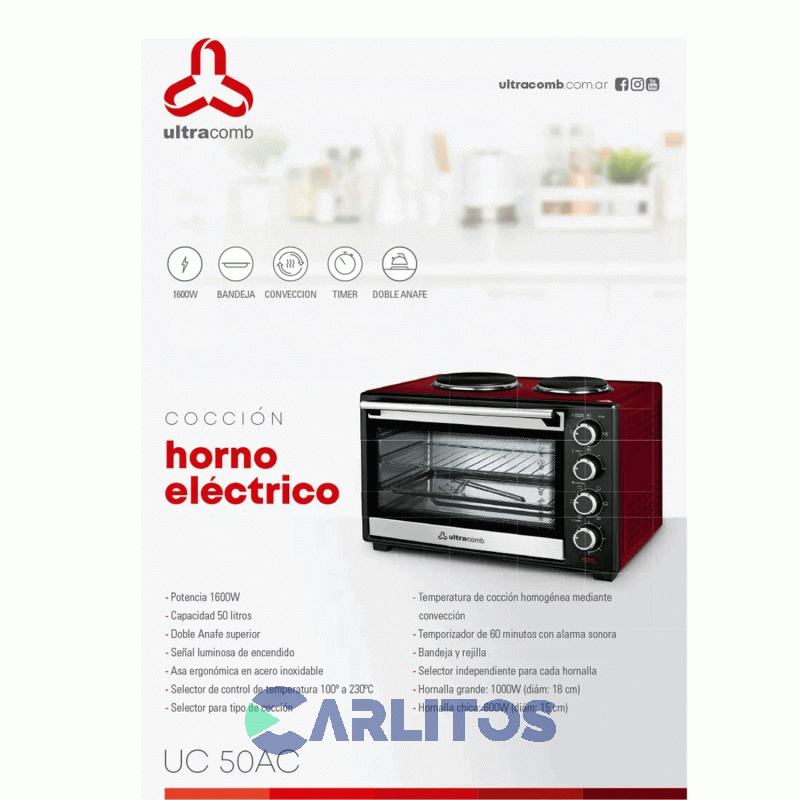 Horno Eléctrico Ultracomb Grill Convección 50 Litros - 2 Anafes Uc50ac Rojo