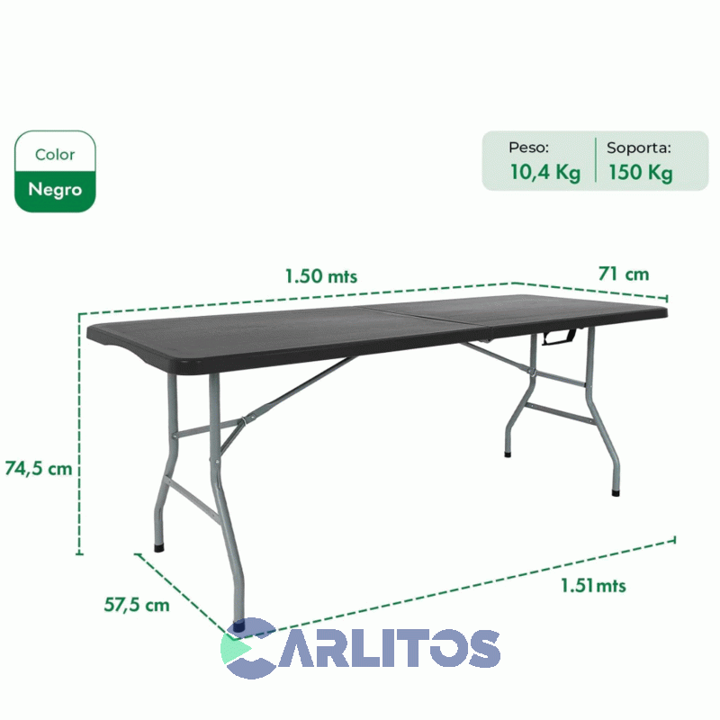 Mesa Plegable Garden Life Con Estructura De Acero 1.50 Mts T404001 Negro
