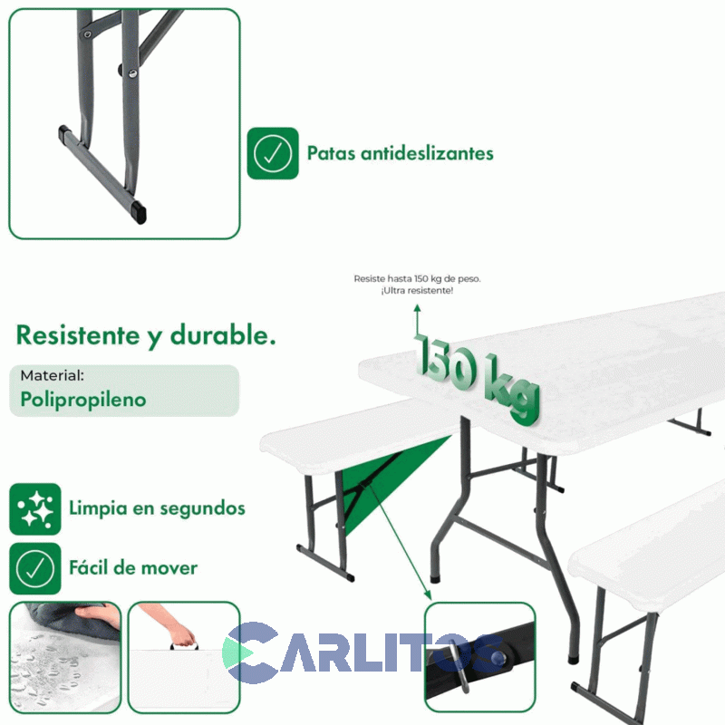 Banco Picnic Plegable Garden Life Con Estructura De Acero 1.20 Mts T420000 Blanco