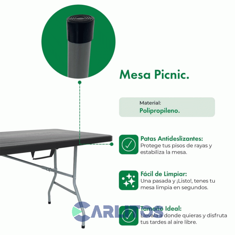 Mesa Plegable Multiuso Garden Life Con Estructura De Acero 1.80 Mts