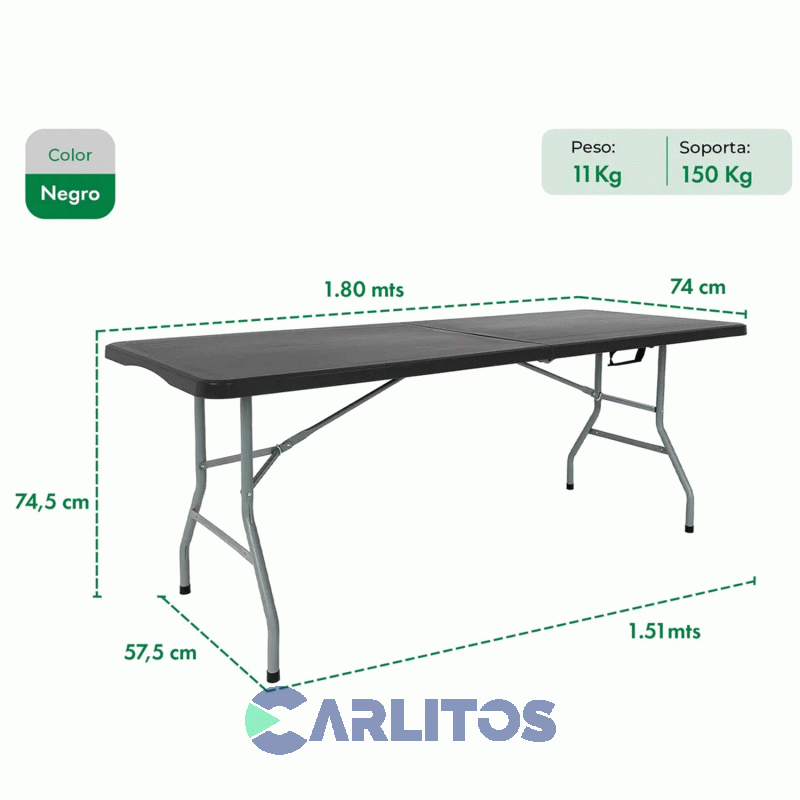 Mesa Plegable Multiuso Garden Life Con Estructura De Acero 1.80 Mts