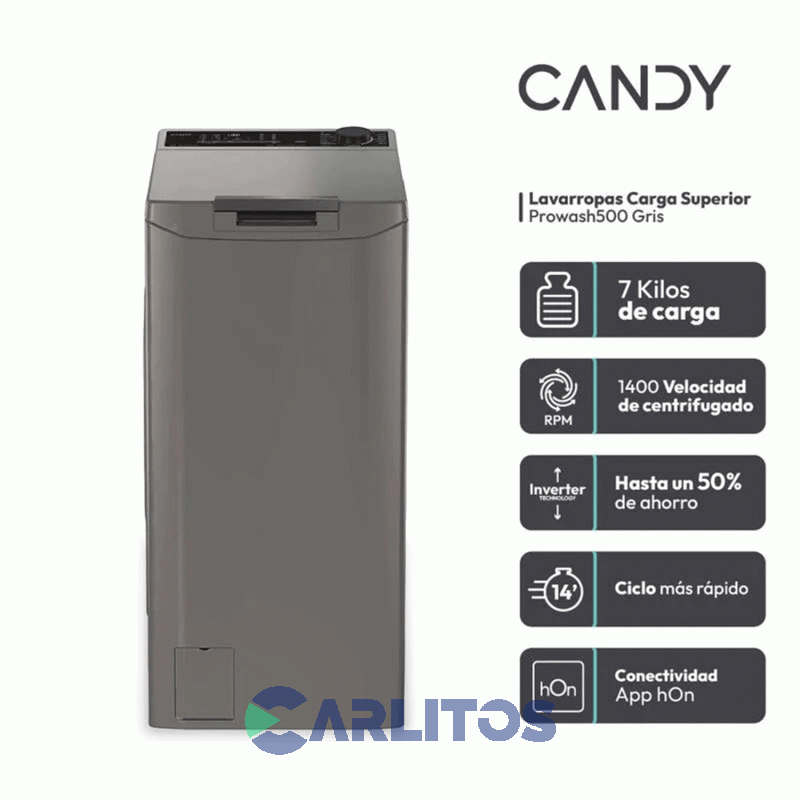 Lavarropa Carga Superior Candy Smart Inverter 7 KG - 1400 RPM Gris Tca474t5r-12