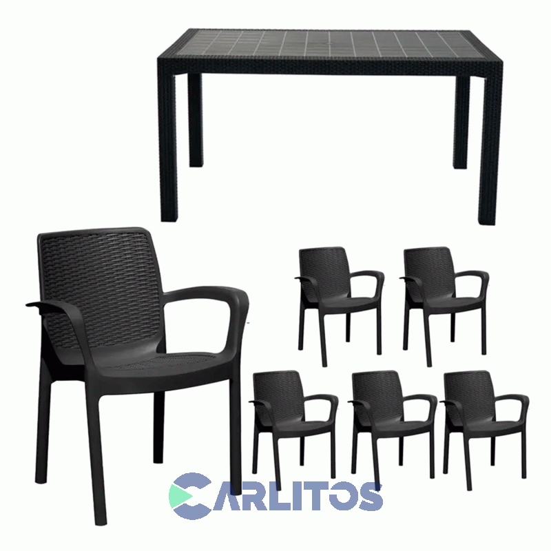 Combo Mesa Indonesia Simil Ratan 1.50 Cm Grafito Tapa Vidrio + 6 Sillas Guinea Voss 2000