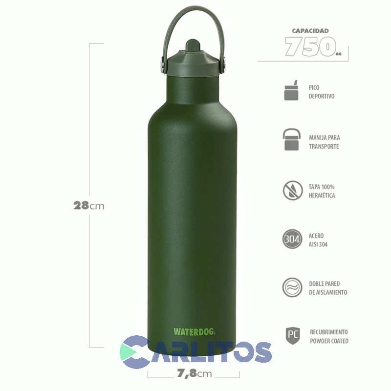 Botella De Acero Inoxidable Waterdog 750 Cc Hydro750gm Verde