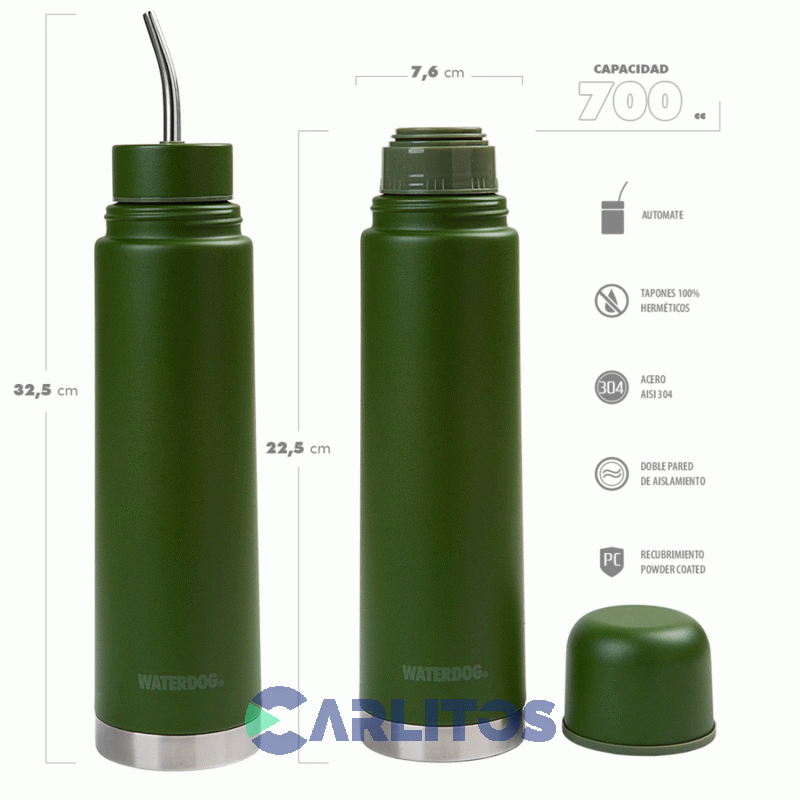 Termo Automate Waterdog 2 En 1 Acero Inoxidable 700 Cc Yunta700gm Verde