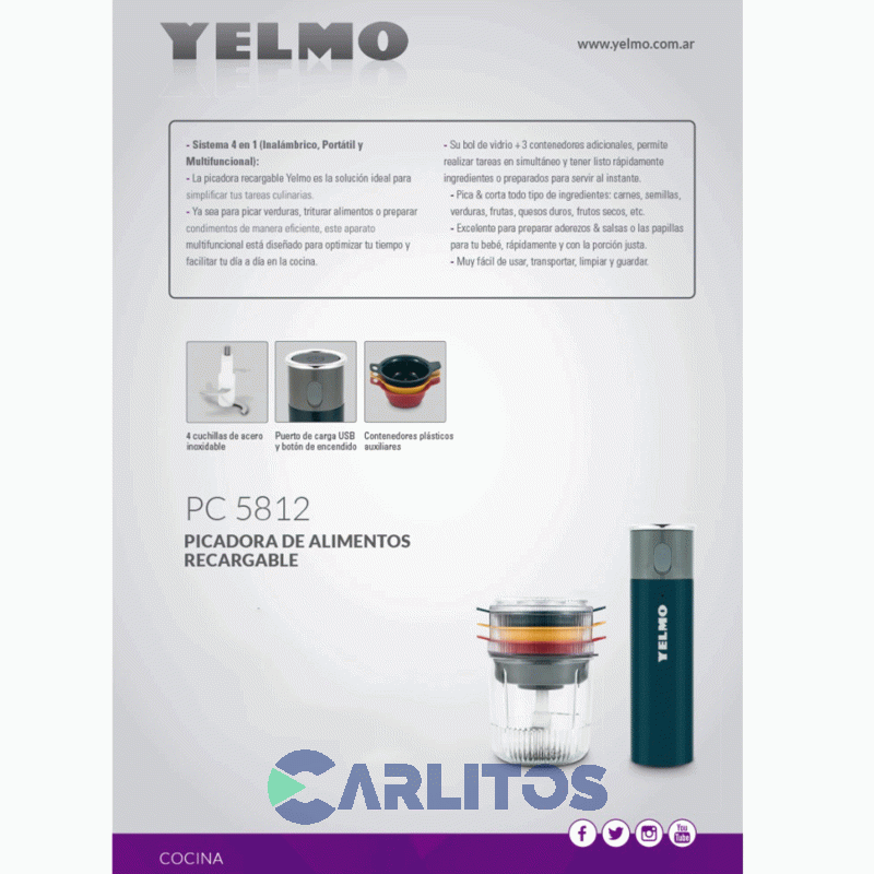 Picadora Yelmo Con Puerto Usb 60 Watts Pc5812