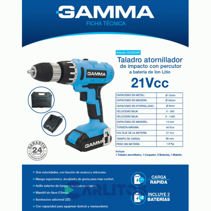 Taladro Atornillador Gamma 10 Mm Inalámbrico 21 V G12301ar