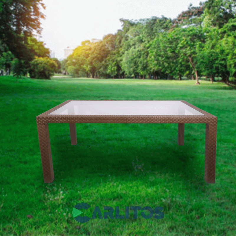 Mesa Simil Rattan Voss Color Mokka 1.50 Mts  Tapa Vidrio Templado 6 Mm
