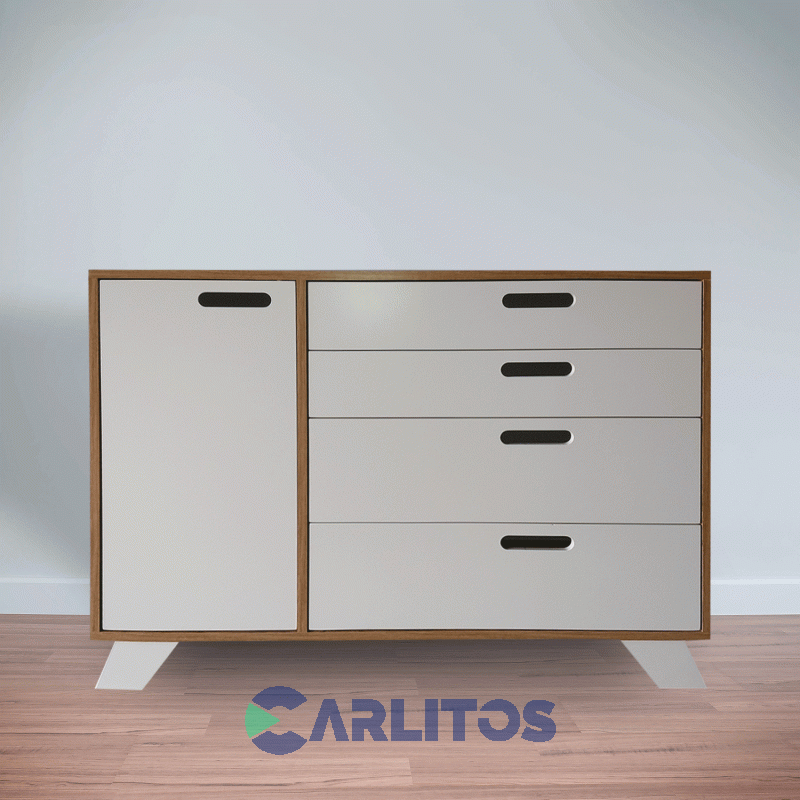 Cómoda Línea Nordic 1 Puerta 4 Cajones 1.20 MtsApakama Y Laqueado Blanco