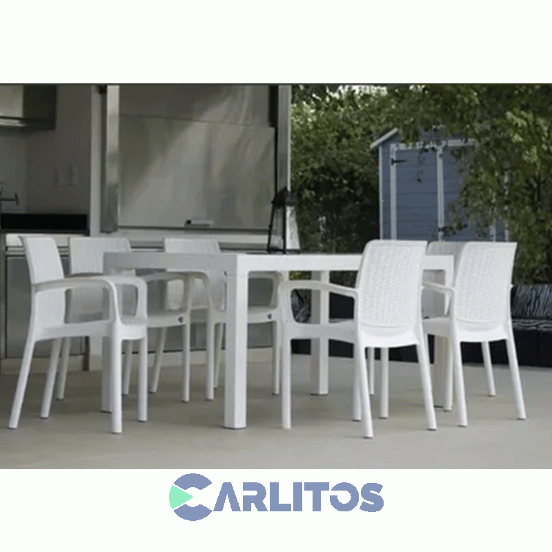 Mesa Simil Rattan Voss Color Blanco 1.50 Mts Tapa Plástica