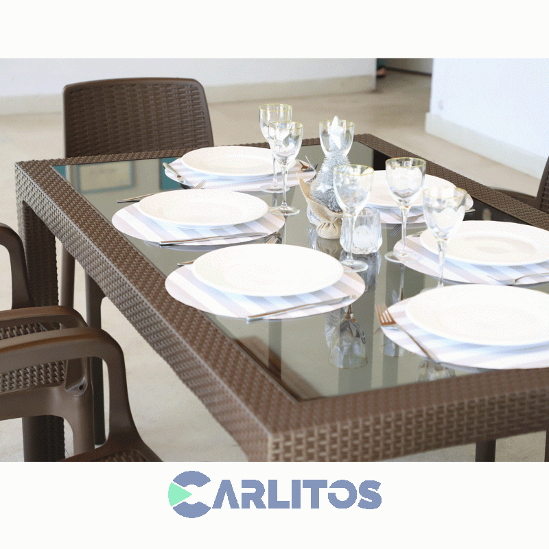 Mesa Simil Rattan Voss Color Mokka 1.50 Mts  Tapa Vidrio Templado 6 Mm
